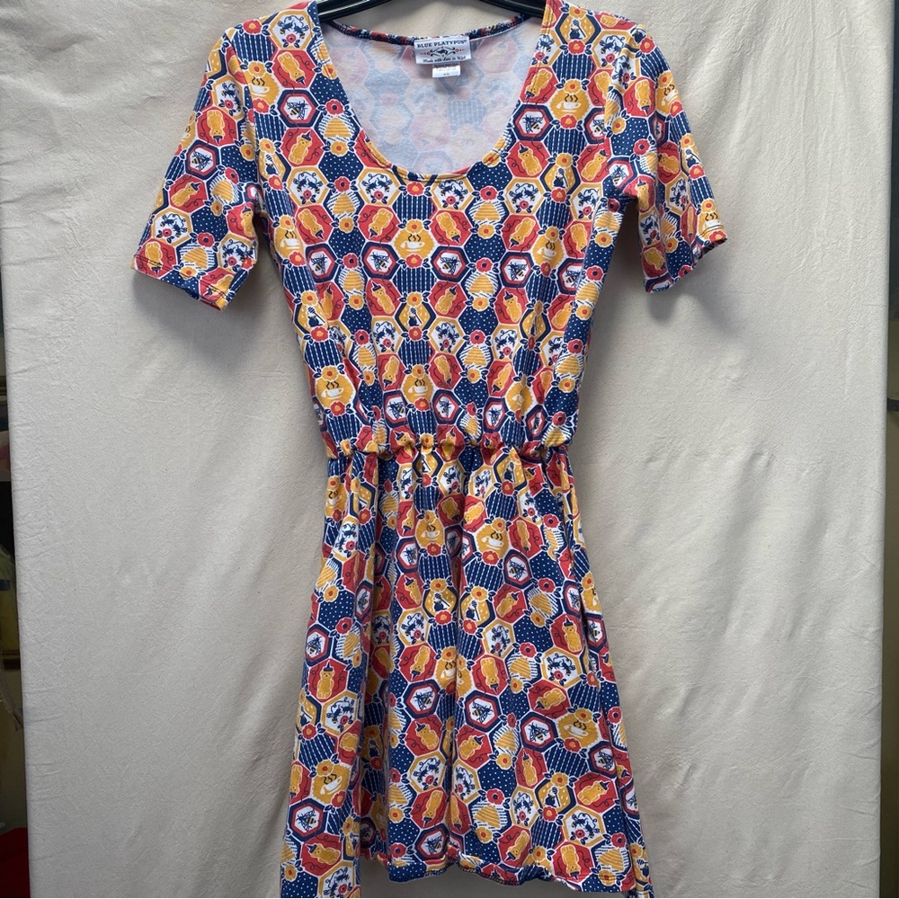 Blue Platypus bee honey print casual dress size XS